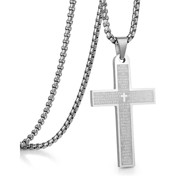 💫 Dowos Pendant Cross Necklace Men White Stainless Steel Boys Husband Jewelry